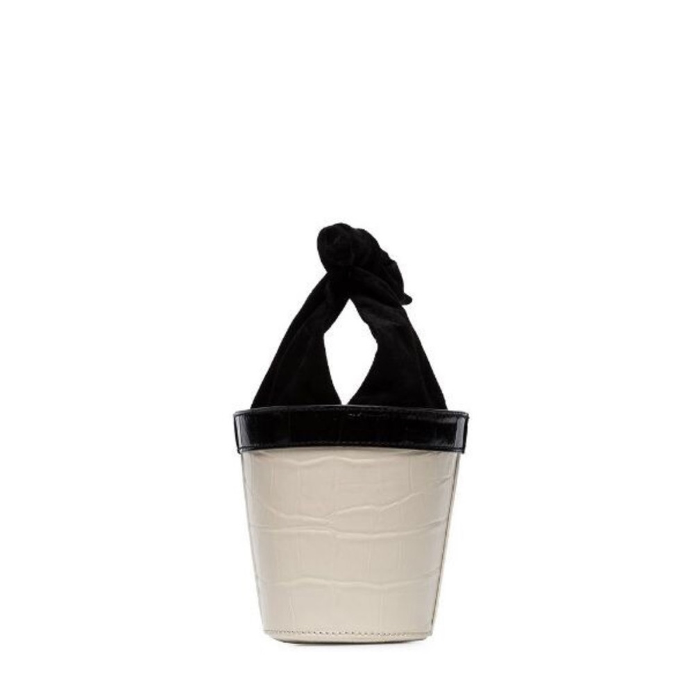 STAUD White/Black Britt Croc Embossed Leather Mini Bucket Bag